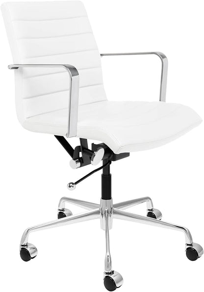 Laura Davidson Furniture SOHO II Ribbed Office Chair - Mid Back Desk Chair, Ergonomically Designed with Arm Rest & Swivel, Made of Faux Leather, White, Computer Chair