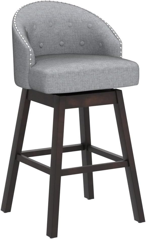 COSTWAY Bar Stools Set of 2, 31’’ Swivel Bar Stools with Rubber Wood Legs & Padded Back, Breathable Linen Fabric, Stylish Tufted Design & Rivet Decoration, Adjustable Foot Pads (2, Grey + Brown)