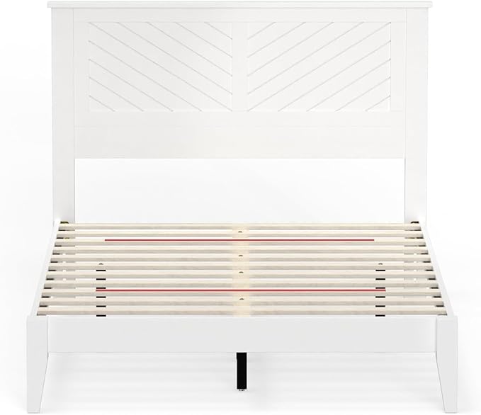Serene Farmhouse Style Wood Bed in Full Size with Chevron Scoring Headboard, Coastal Modern Design, Sturdy, Easy Assembly, Ample Underbed Storage, White Finish