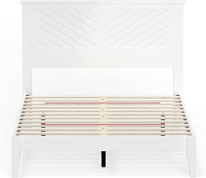 Serene Farmhouse Style Wood Bed in Full Size with Chevron Scoring Headboard, Coastal Modern Design, Sturdy, Easy Assembly, Ample Underbed Storage, White Finish