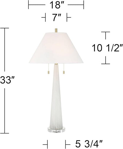 Possini Euro Design Regina 33" Tall Large Modern Glam End Table Lamp 2-Light Pull Chain White Finish Glass Single Fabric White Shade Living Room Bedroom Bedside Nightstand House Office Home Reading