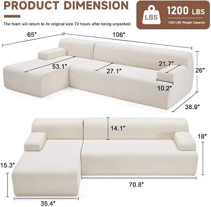106" Modular Sectional Sofa, Boneless Couch Sponge Sectional Sofa for Living Room, High Density Sponges Cloud Couch,Modular L-Shape with Chaise, Beige