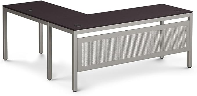 NBF at Work Reversible L Shaped Executive Office Desk - Durable Espresso Laminate Computer Desk with Steel Frame - Modern Desk with 3 Grommet Holes - 60" W x 60" D Work Desk for Home (Brown)