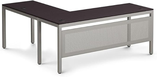 NBF at Work Reversible L Shaped Executive Office Desk - Durable Espresso Laminate Computer Desk with Steel Frame - Modern Desk with 3 Grommet Holes - 60" W x 60" D Work Desk for Home (Brown)