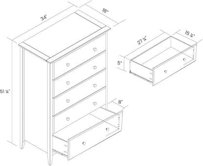 Grain Wood Furniture Greenport 5-Drawer Chest, Solid Wood with Brushed Walnut Finish