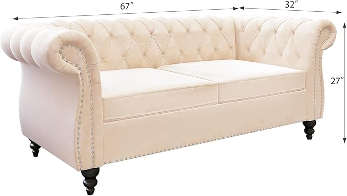 Chesterfield Loveseat Sofa, Modern Velvet Small Sofa Couch 2 Seater with Rolled Arms and Nailhead, Mid Century Modern Loveseat Couch for Small Spaces Living Room Bedroom Apartment, Beige