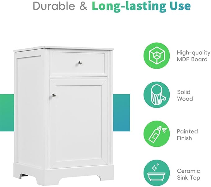 22" Bathroom Vanity Cabinet, Modern Freestanding Bathroom White Small Bathroom Storage Cabinet with Sink Combo and Adjustable Shelve for Small Space (20"× 18"×34")