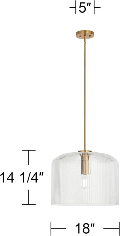 Possini Euro Design Lallie 18" Modern Art Deco Pendant Ceiling Light Fixture Dining Room Over Table Kitchen Island Foyer Drum Hanging Warm Brass Finish Ribbed Glass Hallway Entryway Living Room