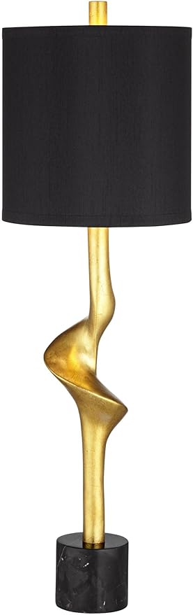 Possini Euro Design Minerva 32" Tall Large Modern Glam Luxury End Table Lamp Sculptural Gold Leaf Finish Marble Black Shade Living Room Bedroom Bedside Nightstand House Office Home Reading Kitchen