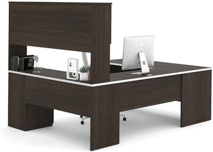 Pemberly Row U Shaped Modern Executive Computer Desk with Pedestal and Hutch in Brown Chocolate