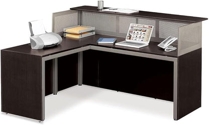 NBF Reversible L-Shaped Executive Office Desk - Durable Laminate Computer Desk with Privacy Hutch - Modern Desk with Storage and File Cabinet - Office Work Desk (Brown) - 65.76"D x 74.25"W x 41.85"H