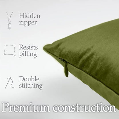 lalaLOOM Velvet Throw Pillow Covers, Set of 2, 18x18 Decorative Square Pillows Home Decor, Soft Accent Cases, Silky Machine Washable Pillowcases for Sofa, Couch, Bedroom, Living Room, Moss Green