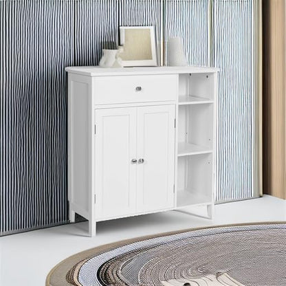 VASAGLE Floor Storage Cabinet with Drawer, Freestanding Cabinet with Doors, 3 Open Compartments, Adjustable Shelves, 11.8 x 29.5 x 31.5 Inches, for Bathroom, Living Room, Cloud White UBBC142W01