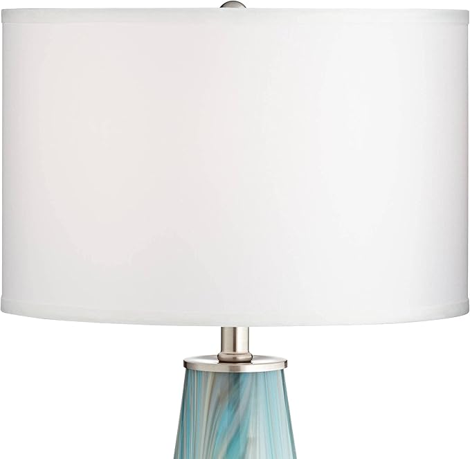 Possini Euro Design Jaime Coastal Table Lamp 26" High with Square White Marble Riser Blue Gray Art Glass White Drum Shade for Bedroom Living Room Nightstand Bedside Night Stand Office Kids Room