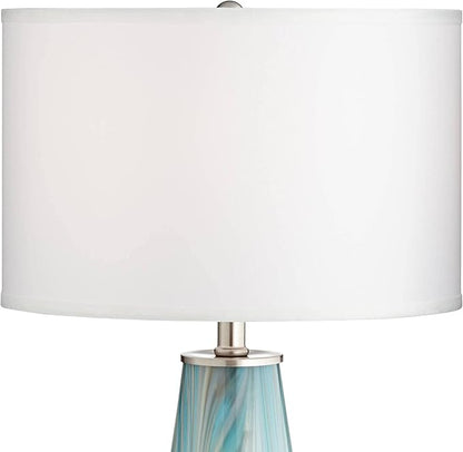 Possini Euro Design Jaime Coastal Table Lamp 26" High with Square White Marble Riser Blue Gray Art Glass White Drum Shade for Bedroom Living Room Nightstand Bedside Night Stand Office Kids Room