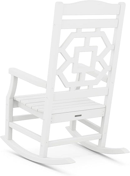 Martha Stewart by POLYWOOD Chinoiserie 3-Piece Outdoor Rocking Chair Set with Patio Side Table, White, HDPE All-Weather Furniture, Classic Porch Rockers for Deck, Garden & Backyard, Made in The USA