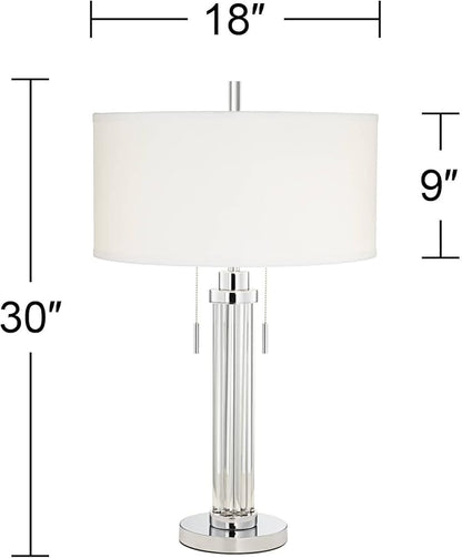 Possini Euro Design Cadence Modern Art Deco Style Column Table Lamp 30" Tall Chrome Silver Linear Clear Glass Rod White Drum Shade Decor for Living Room Bedroom House Bedside Nightstand Home Office