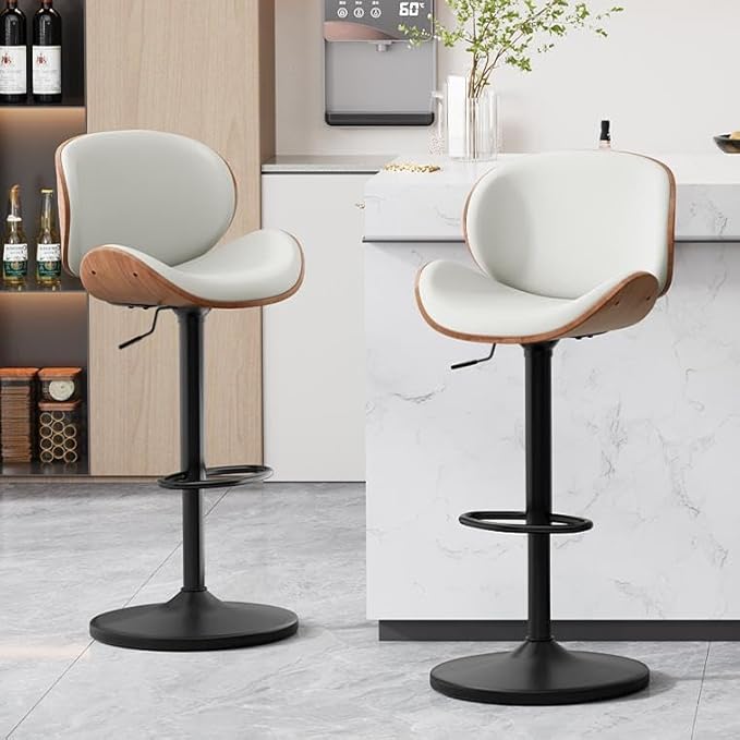 Furniliving Adjustable Bar Stools Set of 2, Swivel Bentwood Barstools Counter Height Bar Stools, Ergonomic Modern Bar Stools with Back Upholstered Barstools for Dining Room, Kitchen, Bar, White, PU