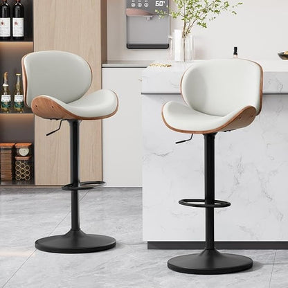 Furniliving Adjustable Bar Stools Set of 2, Swivel Bentwood Barstools Counter Height Bar Stools, Ergonomic Modern Bar Stools with Back Upholstered Barstools for Dining Room, Kitchen, Bar, White, PU