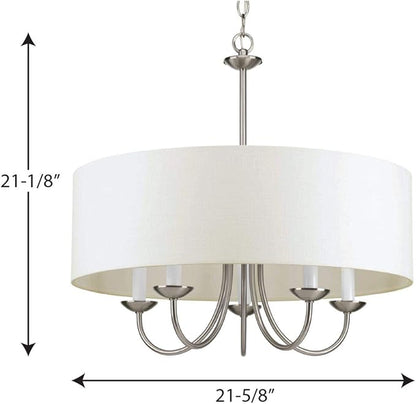 Progress Lighting Drum Shade Collection Five-Light Chandelier, Farmhouse Style Hanging Ceiling Light Fixture for Dining Rooms, Foyers, White Textured Linen Shade, Brushed Nickel