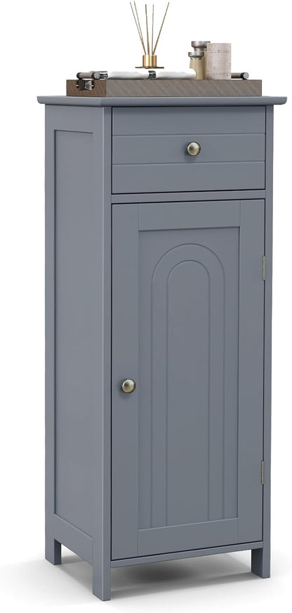 LOKO Bathroom Floor Cabinet, Freestanding Single Door Storage Cabinet with Drawer & Adjustable Shelves, Corner Narrow Storage Organizer for Living Room, Entryway (Grey)