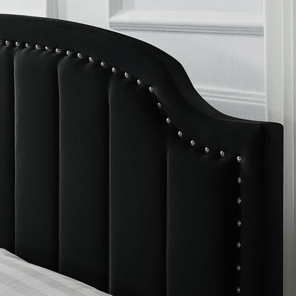 24KF Velvet Fabric Upholstered Queen/Full Headboard with Nail Trims,Modern Vertical Channel Design with Curved Headboard, 6052-Q-Black