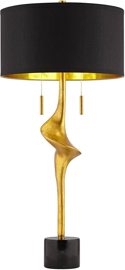 Possini Euro Design Athena 35 1/2" Tall Large Modern Glam End Table Lamps Set of 2 Pull Chain Sculptural Gold Leaf Living Room Bedroom Bedside Nightstand House Office Home Reading Kitchen Entryway