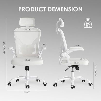 Farini Ergonomic Office Chair, Home Office Desk Chair with Headrest, High Back Computer Chair with Armrests and Adjustable Lumbar Support for Home Office Study Room, White & White