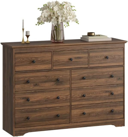 Dresser for Bedroom, 9 Drawer Dresser with Large Drawers, 55 Inch Wide Wood Chest for Living Room, Hallway, Walnut