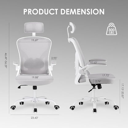 Farini Ergonomic Office Chair, Home Office Desk Chair with Headrest, High Back Computer Chair with Armrests and Adjustable Lumbar Support for Home Office Study Room, White & Gray