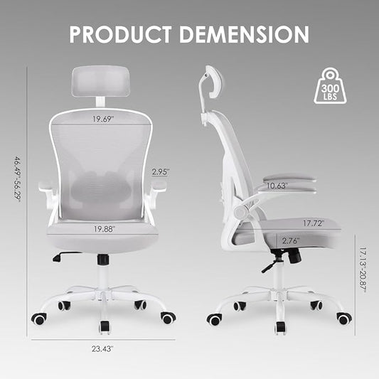 Farini Ergonomic Office Chair, Home Office Desk Chair with Headrest, High Back Computer Chair with Armrests and Adjustable Lumbar Support for Home Office Study Room, White & Gray