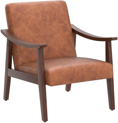 Yaheetech PU Leather Accent Chair, Mid-Century Modern Armchair with Solid Wood Legs, Reading Leisure Chair with High Back for Living Room Bedroom Waiting Room, Set of 2, Brown