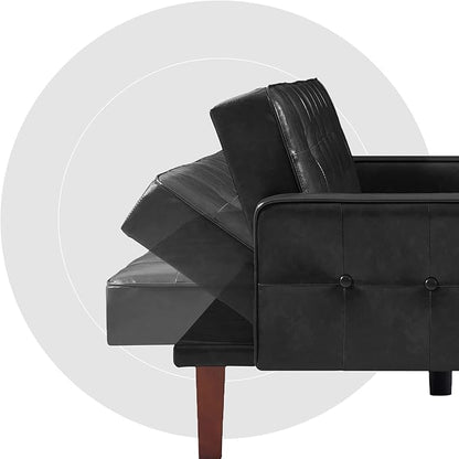74" Loveseat Sofa with Vintage Button Tufting, Faux Leather Convertible Sleeper Futon Sofa Bed with Spring Cushion and Wood Legs for Apartments, Offices, Reception Areas, Living Rooms, Black