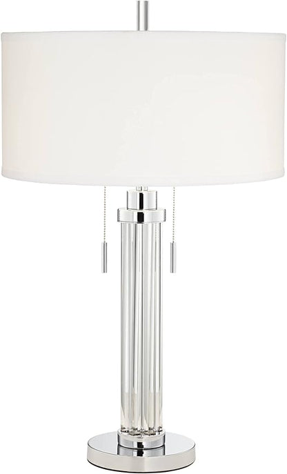 Possini Euro Design Cadence Modern Table Lamp 30" Tall with USB Dimmer Linear Clear Glass Rod White Linen Drum Shade for Bedroom Living Room House Bedside Nightstand Home Office Entryway Family