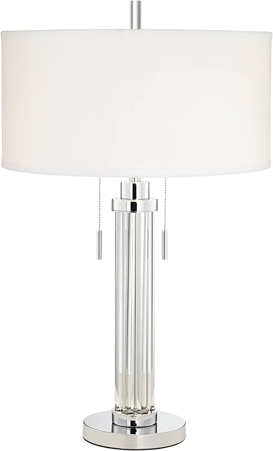 Possini Euro Design Cadence Modern Table Lamp 30" Tall with USB Dimmer Linear Clear Glass Rod White Linen Drum Shade for Bedroom Living Room House Bedside Nightstand Home Office Entryway Family