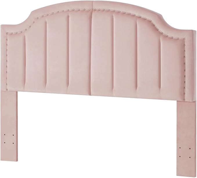 24KF Velvet Fabric Upholstered Queen/Full Headboard with Nail Trims,Modern Vertical Channel Design with Curved Headboard, 6052-Q-Pink