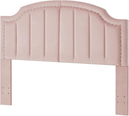 24KF Velvet Fabric Upholstered Queen/Full Headboard with Nail Trims,Modern Vertical Channel Design with Curved Headboard, 6052-Q-Pink