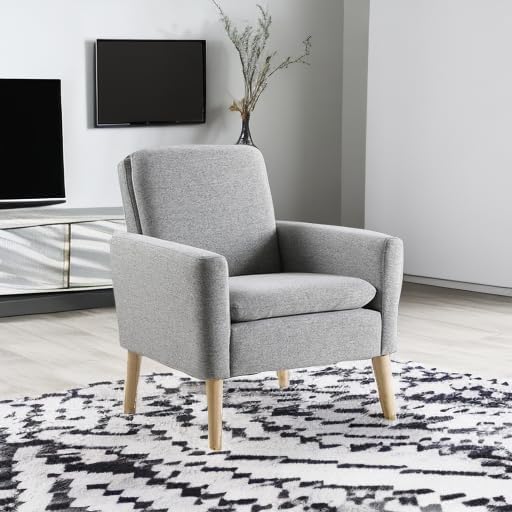 Lohoms Mid Century Modern Accent Chair, Fabric Upholstered Comfy Reading Leisure Chair for Bedroom, Living Room Stuffed Seat Single Sofa Chair with Wood Legs, Grey