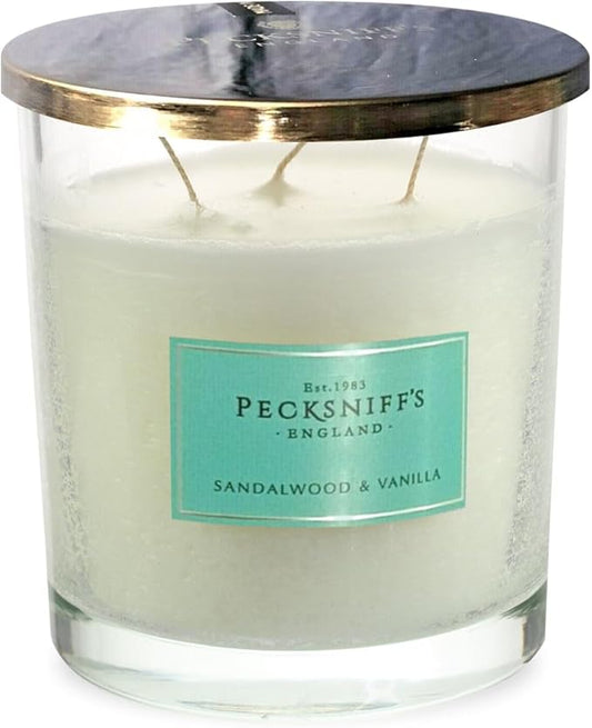 Pecksniff's Sandalwood & Vanilla 3-Wick Tall Candle | 550g/19.4oz | White Glass Vessel with Metal Lid