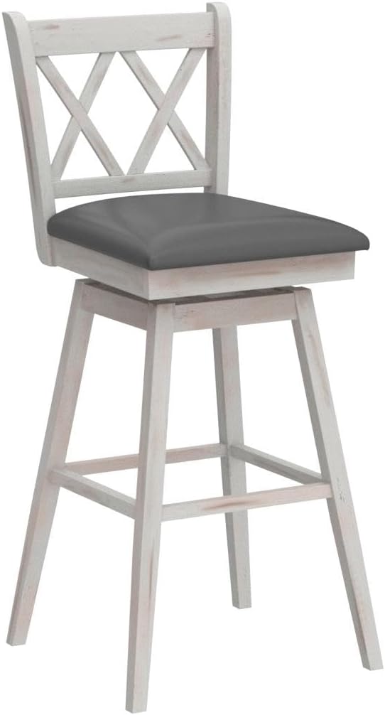 COSTWAY Bar Stool Set of 2, 360° Swivel Bar Height 29.5 inch Bar Stool with Foot Rest Upholstered Cushion & Ergonomic Backrest, Sturdy Frame, for Pub, Restaurant, Home (2, Antique White+ Grey)