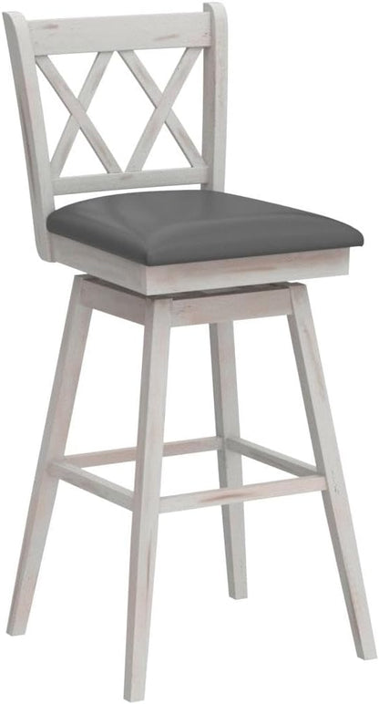 COSTWAY Bar Stool Set of 2, 360° Swivel Bar Height 29.5 inch Bar Stool with Foot Rest Upholstered Cushion & Ergonomic Backrest, Sturdy Frame, for Pub, Restaurant, Home (2, Antique White+ Grey)
