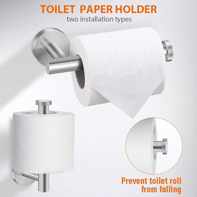 5-Pieces Bathroom Hardware Set Brushed Nickel SUS304 Stainless Steel Round Wall Mounted - Includes 16" Hand Towel Bar, Toilet Paper Holder, 3 Robe Towel Hooks,Bathroom Accessories Kit
