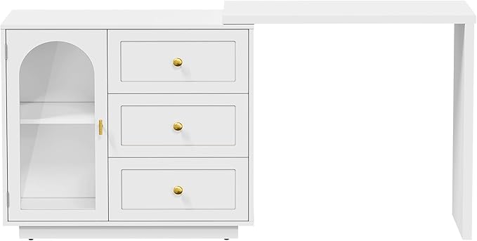RoyalCraft L Shaped Home Office Desk, Extendable and Rotatable Desk with 3 Drawers and Door, Corner Computer Desk, Modern Study Writing Table for Bedroom, Home Office, White