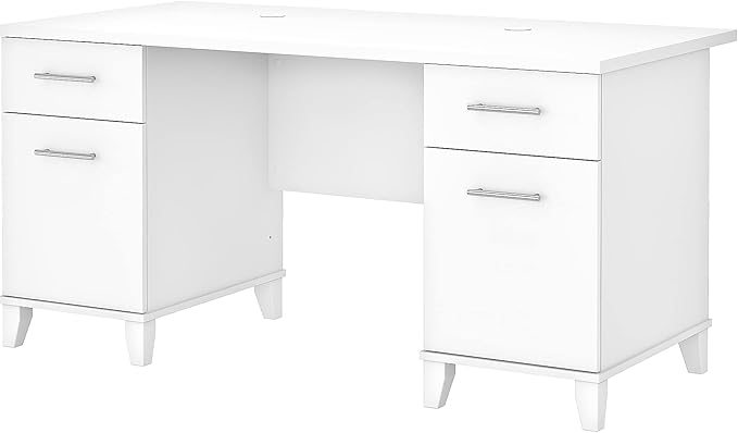 Bush Furniture 60-inch Home Office Desk with Drawers, Large Computer Table with Storage, Transitional Style, Somerset Collection, White