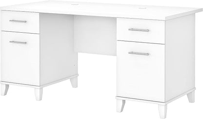 Bush Furniture 60-inch Home Office Desk with Drawers, Large Computer Table with Storage, Transitional Style, Somerset Collection, White
