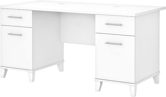 Bush Furniture 60-inch Home Office Desk with Drawers, Large Computer Table with Storage, Transitional Style, Somerset Collection, White