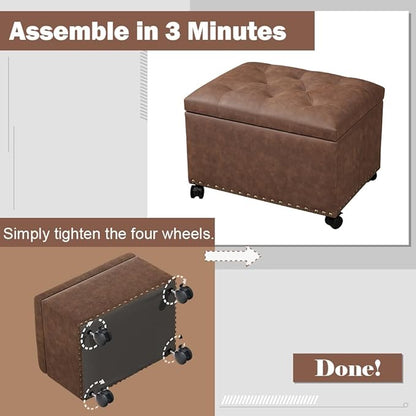 Joveco Leather Storage Ottoman with 360° Caster Wheels 24" Foot Rest Bench Rectangle Ottomans