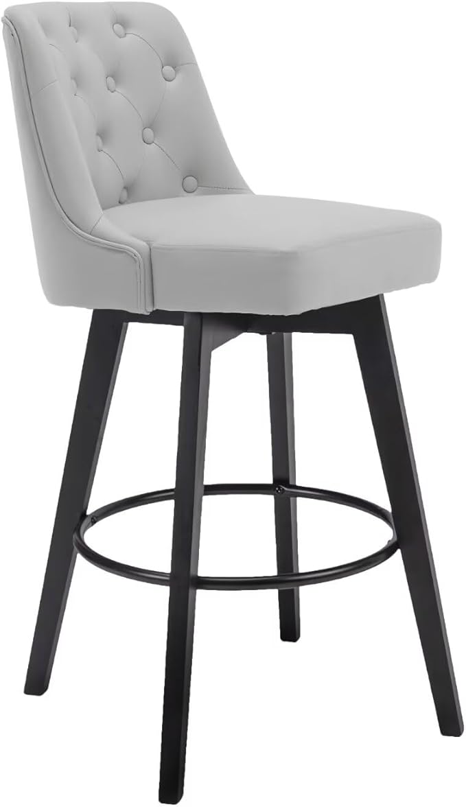 MINCETA Bar Stool, PU Leather Barstool, 30 Inch Upholstered Counter Stool with Low Tufted Back and Footrest, Swivel Counter Height Barstool for Kitchen Island Home Bar Light Gray