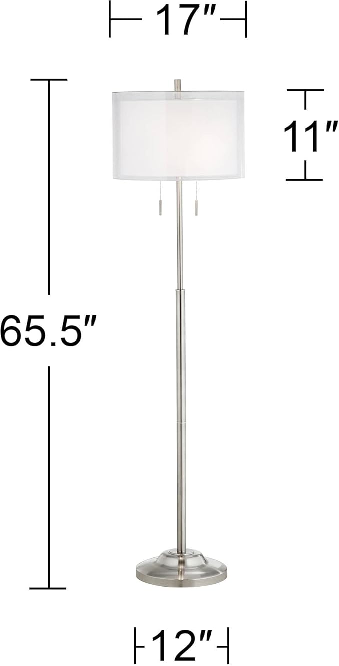 Possini Euro Design Roxie Modern Standing Floor Lamp 65.5" Tall Brushed Nickel Silver Double Layer Sheer Linen Fabric Drum Shade Decor for Living Room Reading House Bedroom Home