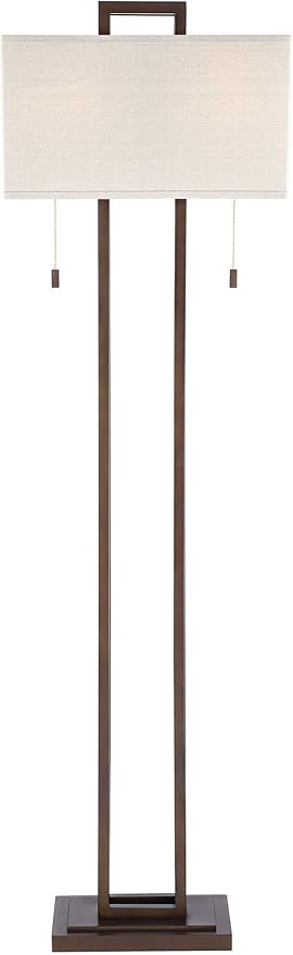 Possini Euro Design Modern Standing Floor Lamp 62" Tall Bronze Brown Openwork Frame 2-Light Oatmeal Linen Fabric Rectangular Shade Decor for Living Room Reading House Bedroom Home Office House